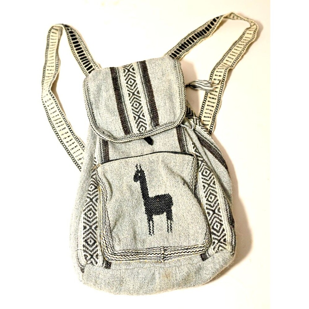 Peruvian‎ Woven Backpack Native Inca Llama Light Gray Drawstring boho